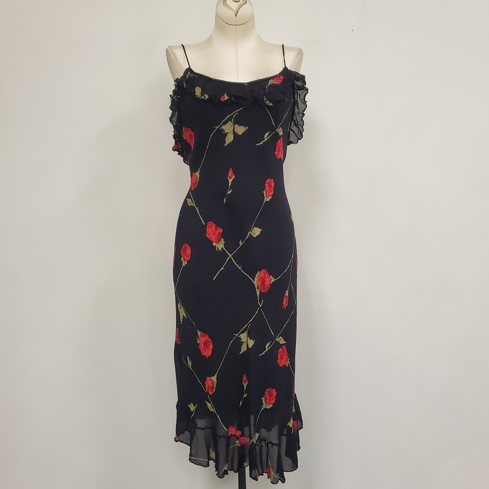 Betsey Johnson‎ Vtg Dark Romantic Whimsigoth Y2K Fairy Dress Size 6 Rose Ruffle